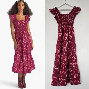 Hill House Home The Ellie Nap Dress Cranberry Floral Smocked Tiered Midi